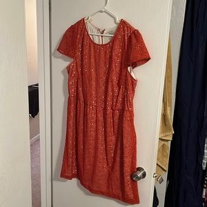 Coral lacy overlay dress, knee length, like new